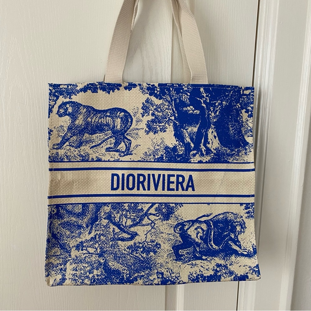 Brand New Christian Dior Blue Dioriviera Print Paper Straw Tote Bag XL size - Picture 7 of 14